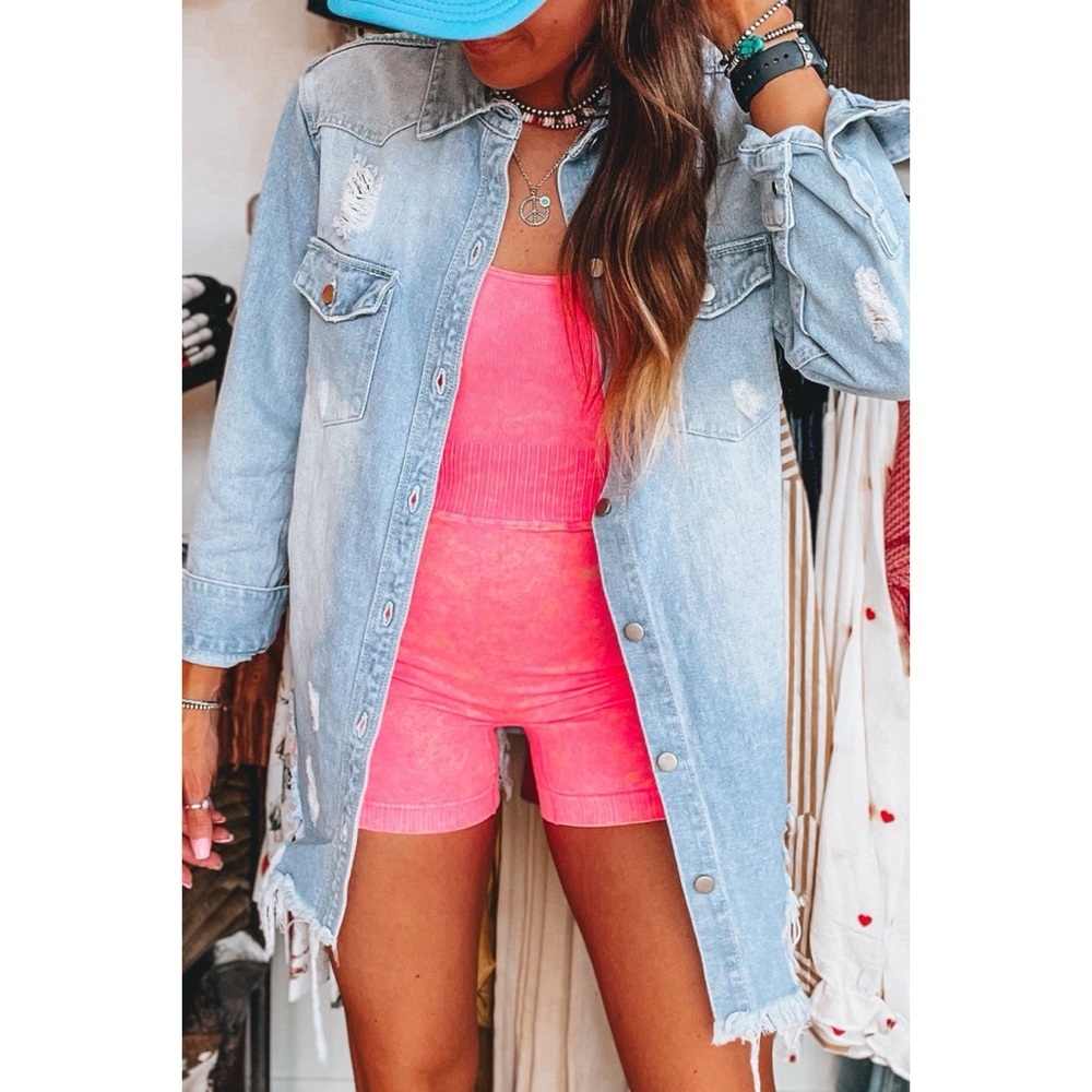 Distressed Long Light Denim Jacket